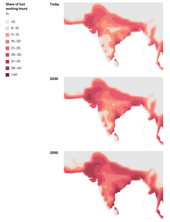 The affected area and intensity of extreme heat and humidity is projected to increase, leading to a higher expected share of lost working hours in India and surrounding areas. Source: McKinsey report