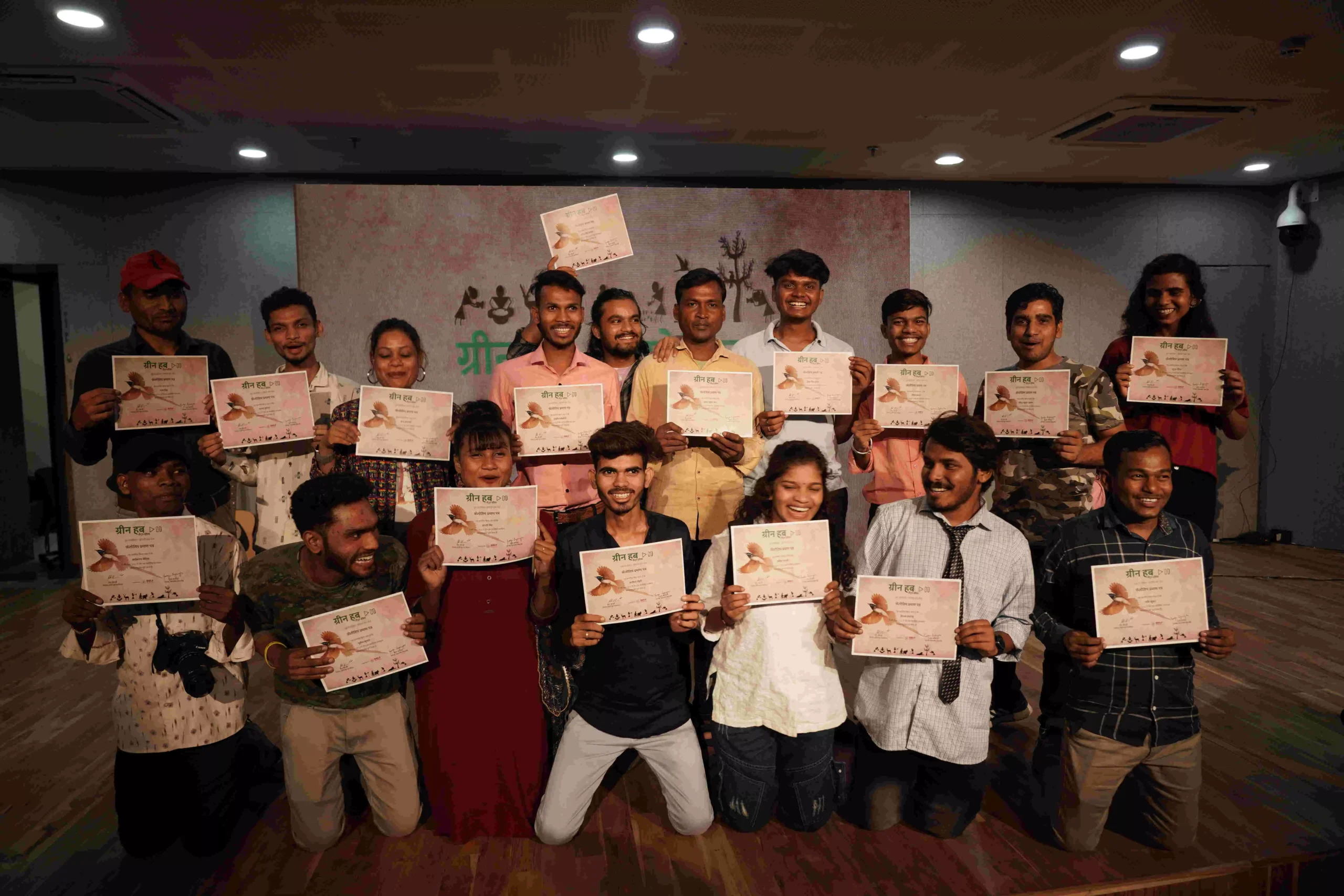 Fellows with certificate. On July 16 and 17, at the Green Hub Central India Mahotsav held in Bhopal, documentaries made by adivasi youth were screened.