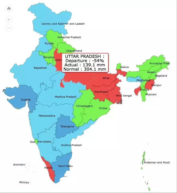 1 जून से 25 जुलाई, 2022 के बीच राज्यवार मानसूनी बारिश। लाल रंग कम वर्षा को दर्शाता है और पीला बड़ी कमी वर्षा बता रहा है।