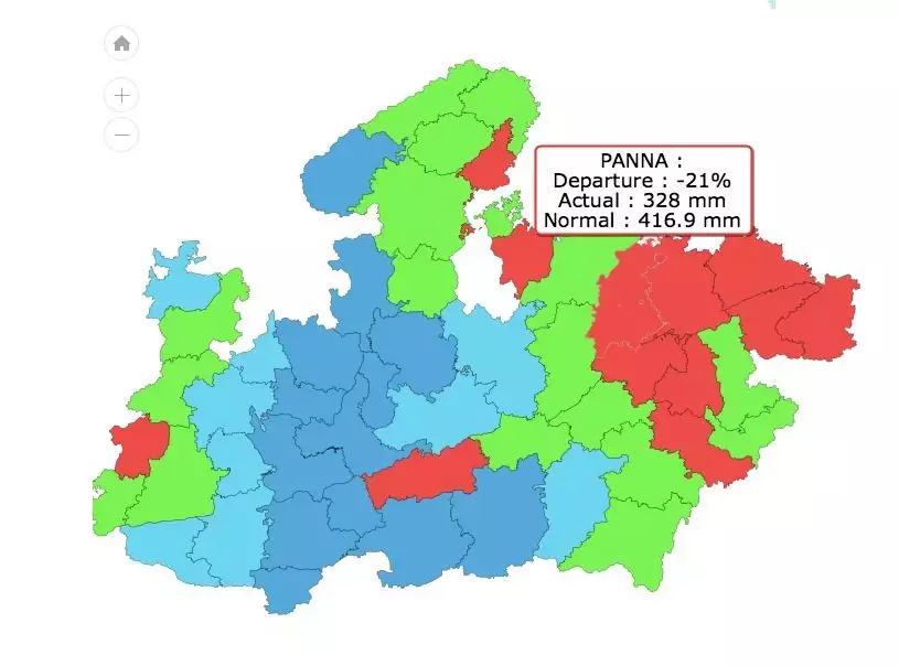 मध्य प्रदेश में जिलेवार वर्षा (1 जून से 25 जुलाई, 2022)। लाल रंग कम वर्षा को दर्शाता है और पीला बड़ी कमी वर्षा को दर्शाता है।