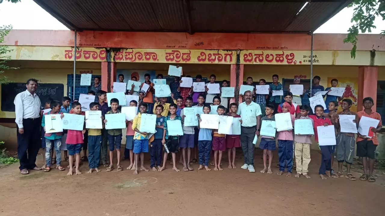 Children participate in a drawing competition at Haveri District, Karnataka