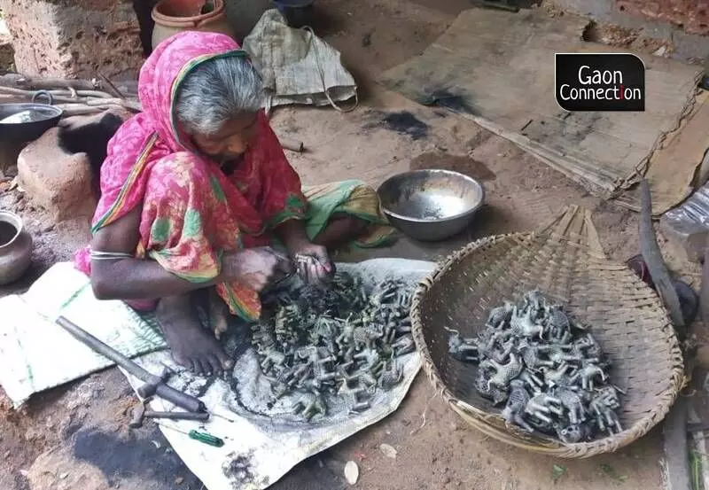 Dhokra craft also involves an elaborate process of creating a mould using clay to create intricate designs and covering it with another layer of river soil. The mould is then placed in an improvised furnace, causing the beeswax to melt and drain away.