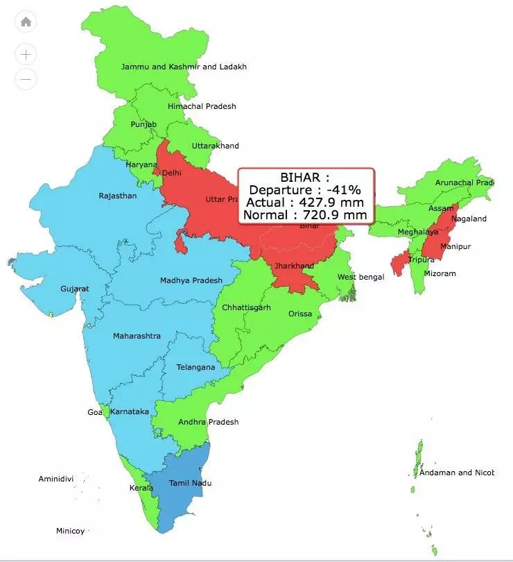 Note: Red: Deficient (-59% to -20%), Green: Normal (-19% to 19%), Blue: Excess (20% to 59%), Dark blue: Large excess: 60% or more. 