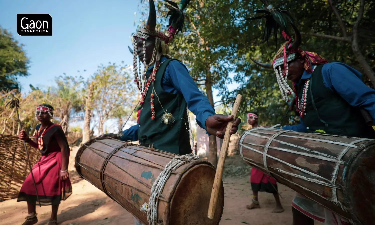 Bison Horn Maria men play the mandar drums with hands or using wooden sticks.