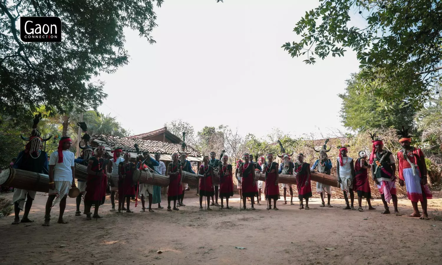 The men and women perform the bison horn dance with the men playing the cylindrical mandar drum while the women strike the ground rhythmically with a long iron pole.