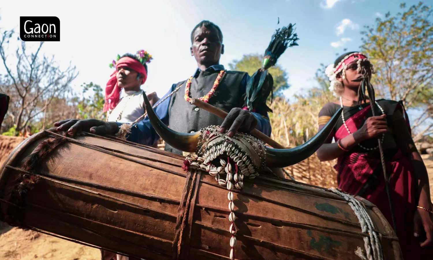 The headdress of Bison Horn Maria men is decorated with feathers and cowrie shells.
