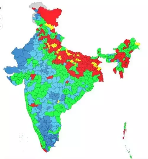 नोट: लाल: कमी (-59% से -20%), हरा: सामान्य (-19% से 19%), नीला: अधिक (20% से 59%), गहरा नीला: बड़ा अतिरिक्त: 60% या अधिक। स्रोत: भारत मौसम विज्ञान विभाग