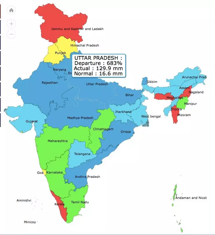 States in dark blue denote excess rainfall (more than 60 per cent). Source: IMD