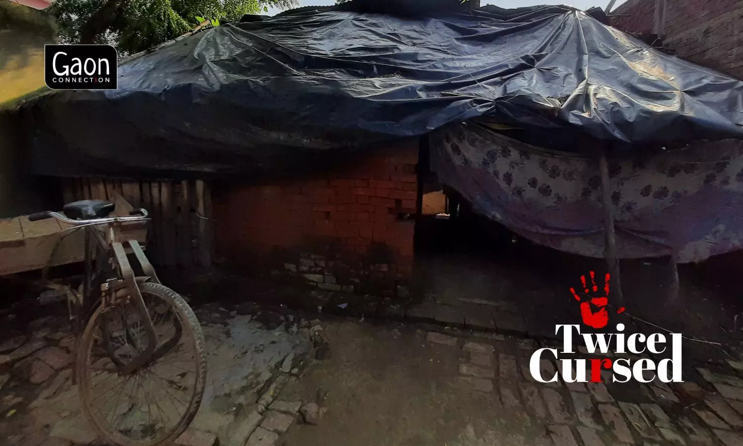 The rape survivors house that is little more than a tin shed with tarpaulin sheets serving as a roof. Photo: Shivani Gupta 