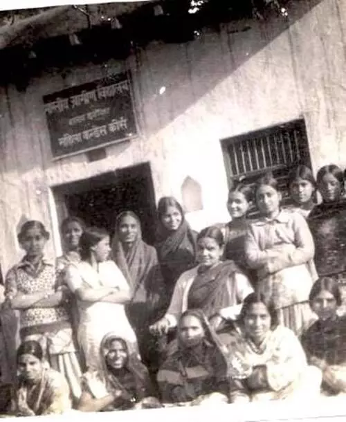 Nirmala Misra with students and staff during the initial years of the school.