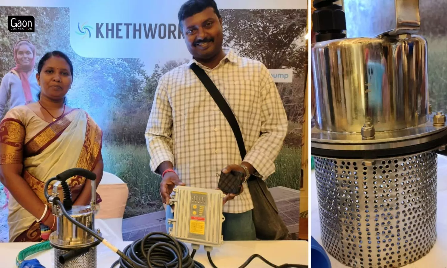 Akli Tudu(left) and Durga Dayal Patra(right), farmers from Jharkhand elaborate on the benefits of a portable solar pump, which they have availed from Khethworks.