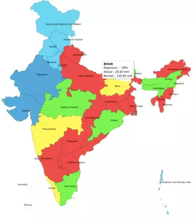  1 जून से 27 जून, 2023 के बीच राज्य-वार मानसूनी बारिश। स्रोत: आईएमडी