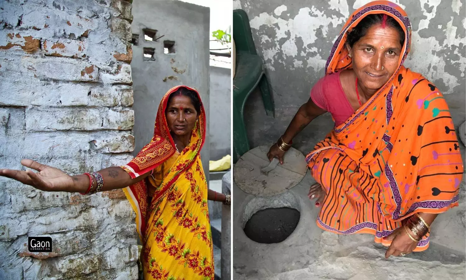 Left: Chhathi Devi was the first woman to undertake construction of Phaydemand Shauchalay in Naya Tola Bhishambharpur village in 2016.Right: Chhathi Devi showing her toilet in 2023, still functional — spic and span with no odour.