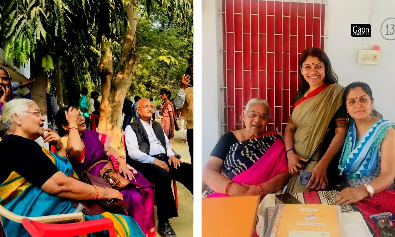 (L) Nirmala Misra at Bharatiya Gramin Vidyalaya on Dec 2, 2018, Gaon Connection’s sixth foundation day. (R) Nirmala Misra in the corridor of the school. March 16, 2019.