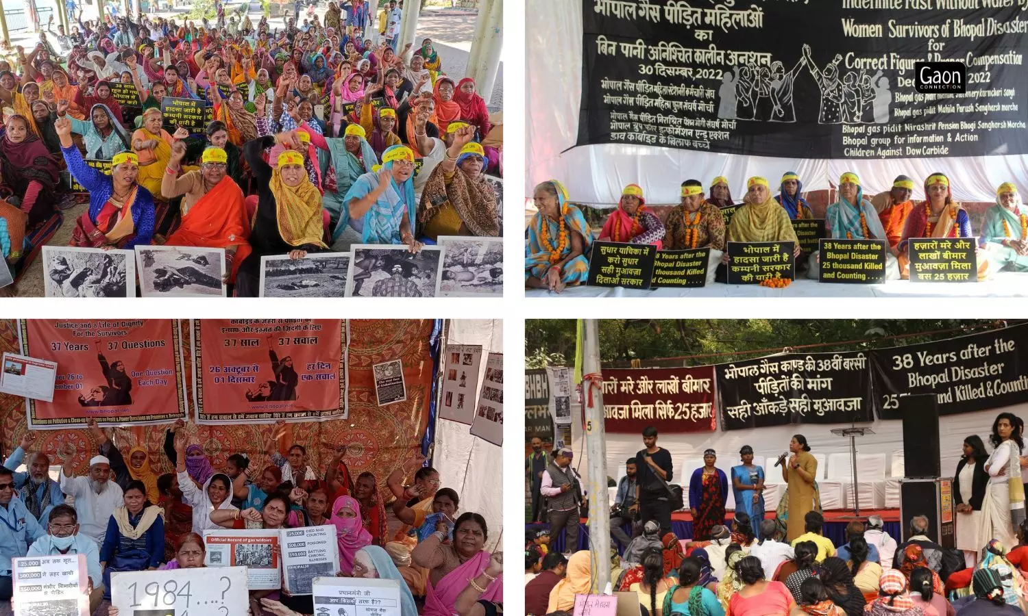 People sitting in protest for the gas leak victims. 